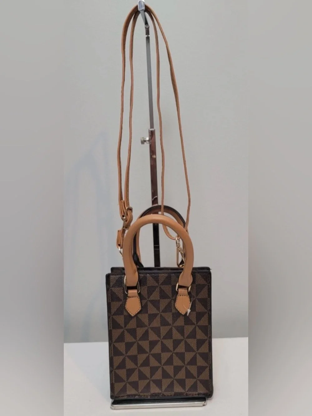 Structured Brown Geometric Triangle Mini Satchel Crossbody Bag with Tan Handles